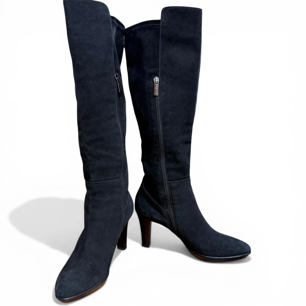AQUATALIA Womens Black Suede Boots Knee High Almond Toe Weatherproof Dressy Heel